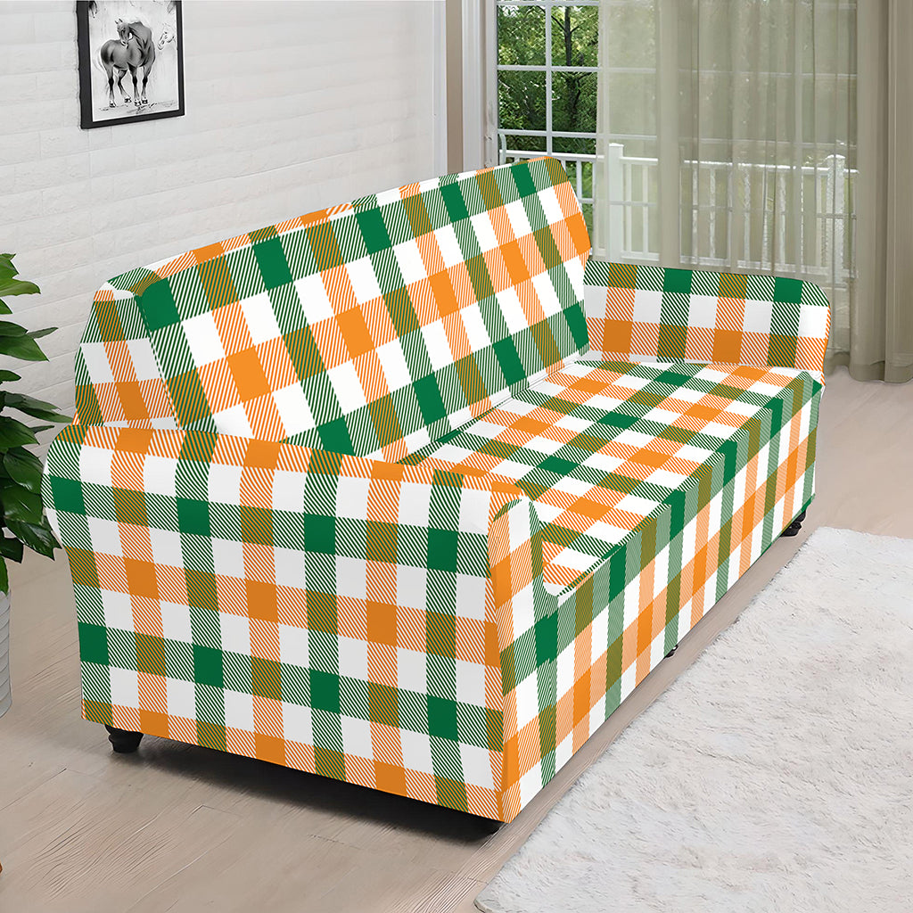 White Orange And Green Plaid Print Sofa Cover
