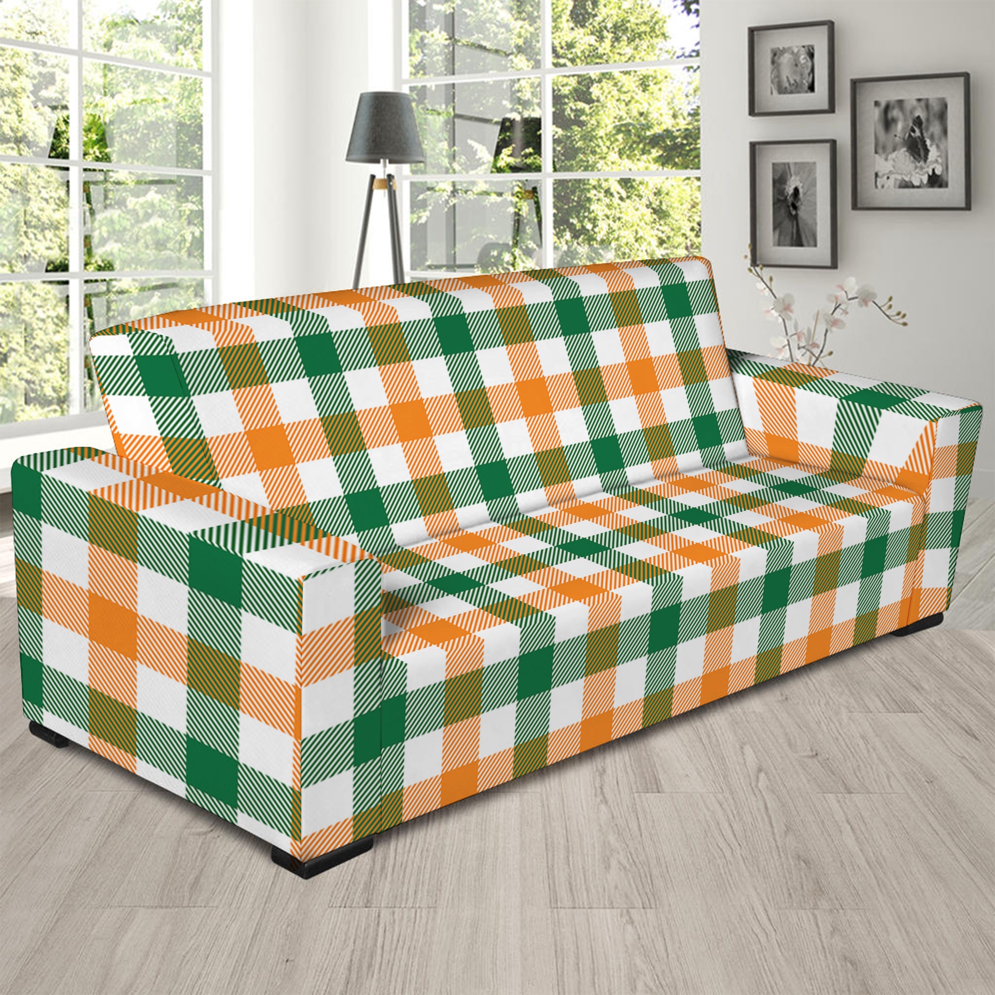 White Orange And Green Plaid Print Sofa Slipcover