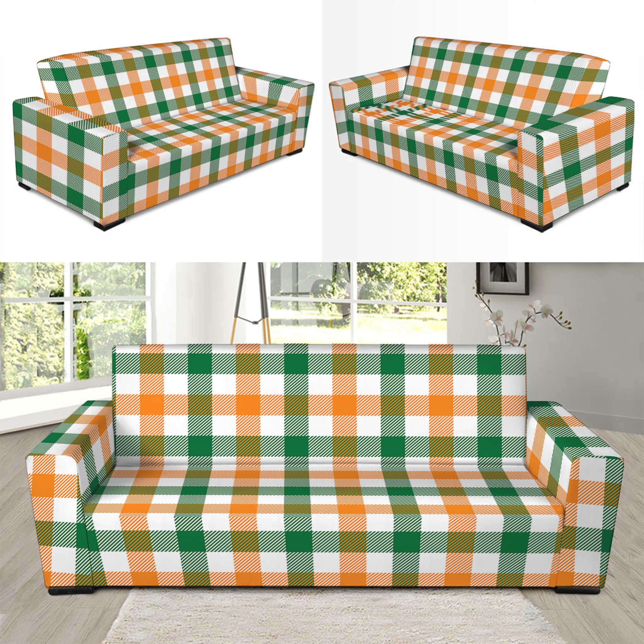 White Orange And Green Plaid Print Sofa Slipcover