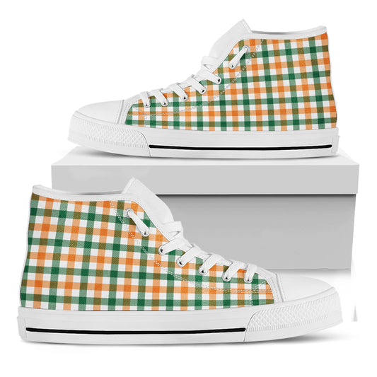 White Orange And Green Plaid Print White High Top Shoes