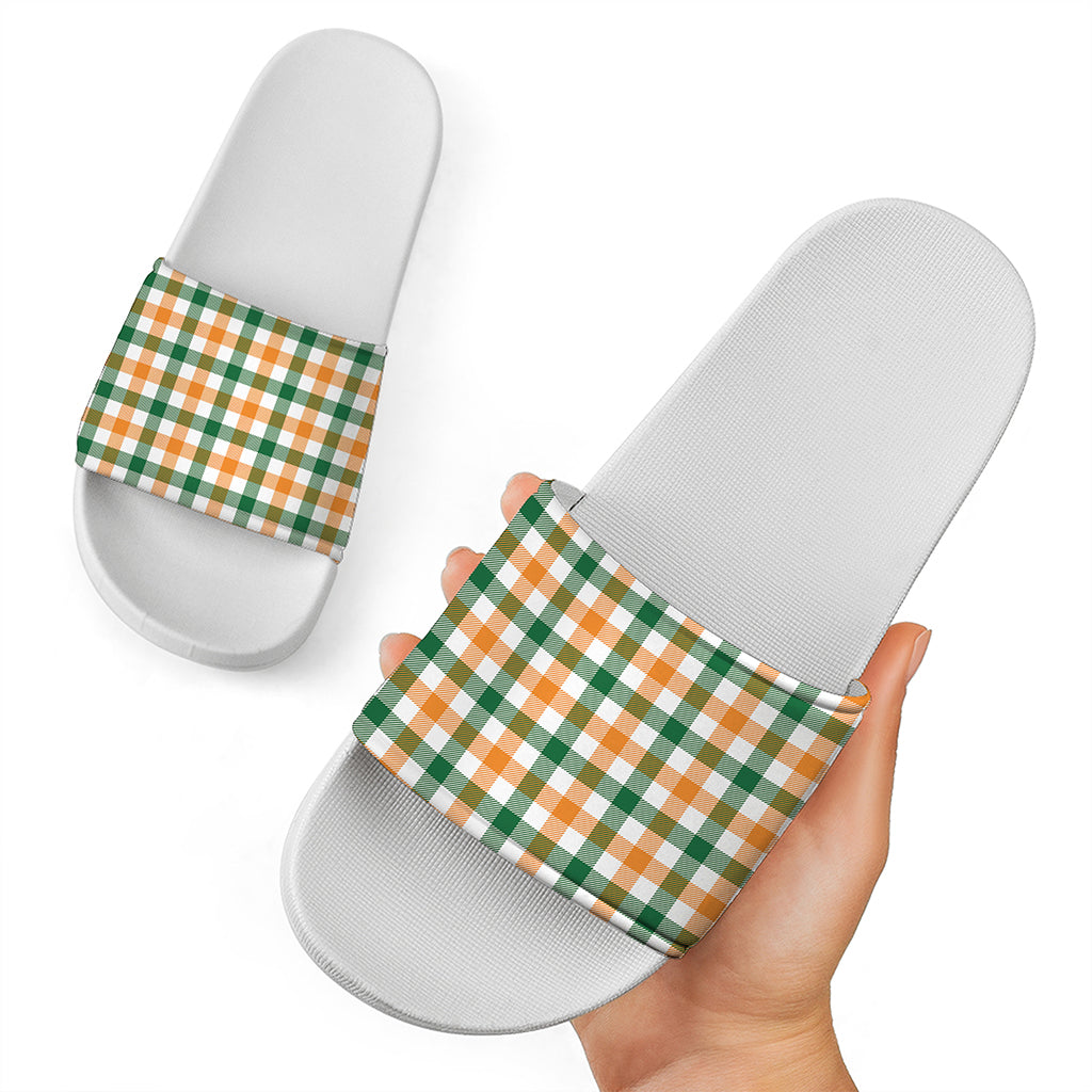 White Orange And Green Plaid Print White Slide Sandals