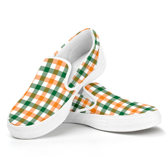 White Orange And Green Plaid Print White Slip On Shoes