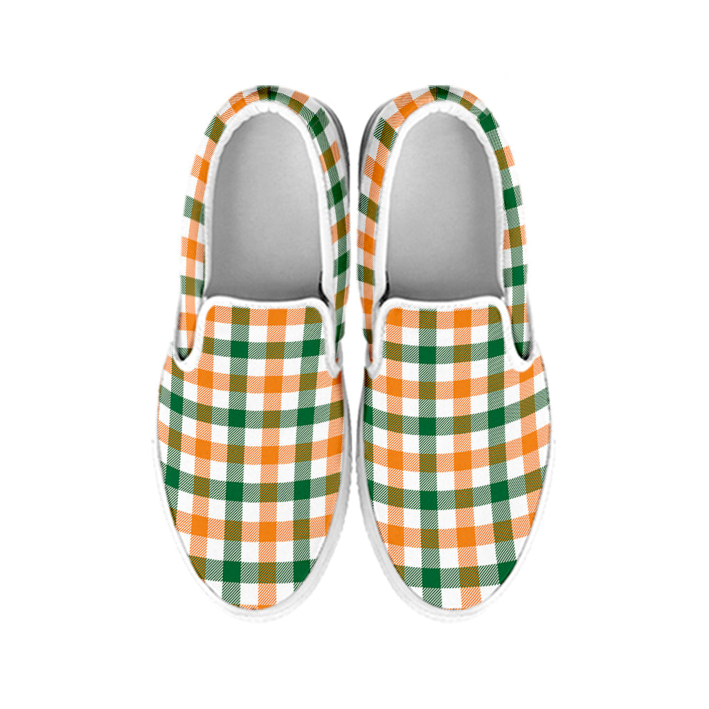White Orange And Green Plaid Print White Slip On Shoes
