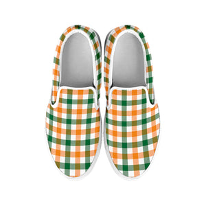 White Orange And Green Plaid Print White Slip On Shoes