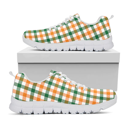 White Orange And Green Plaid Print White Sneakers