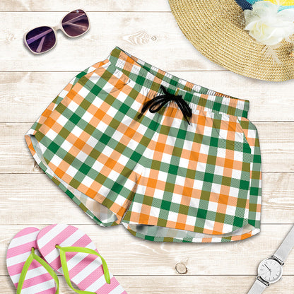 White Orange And Green Plaid Print Women's Shorts