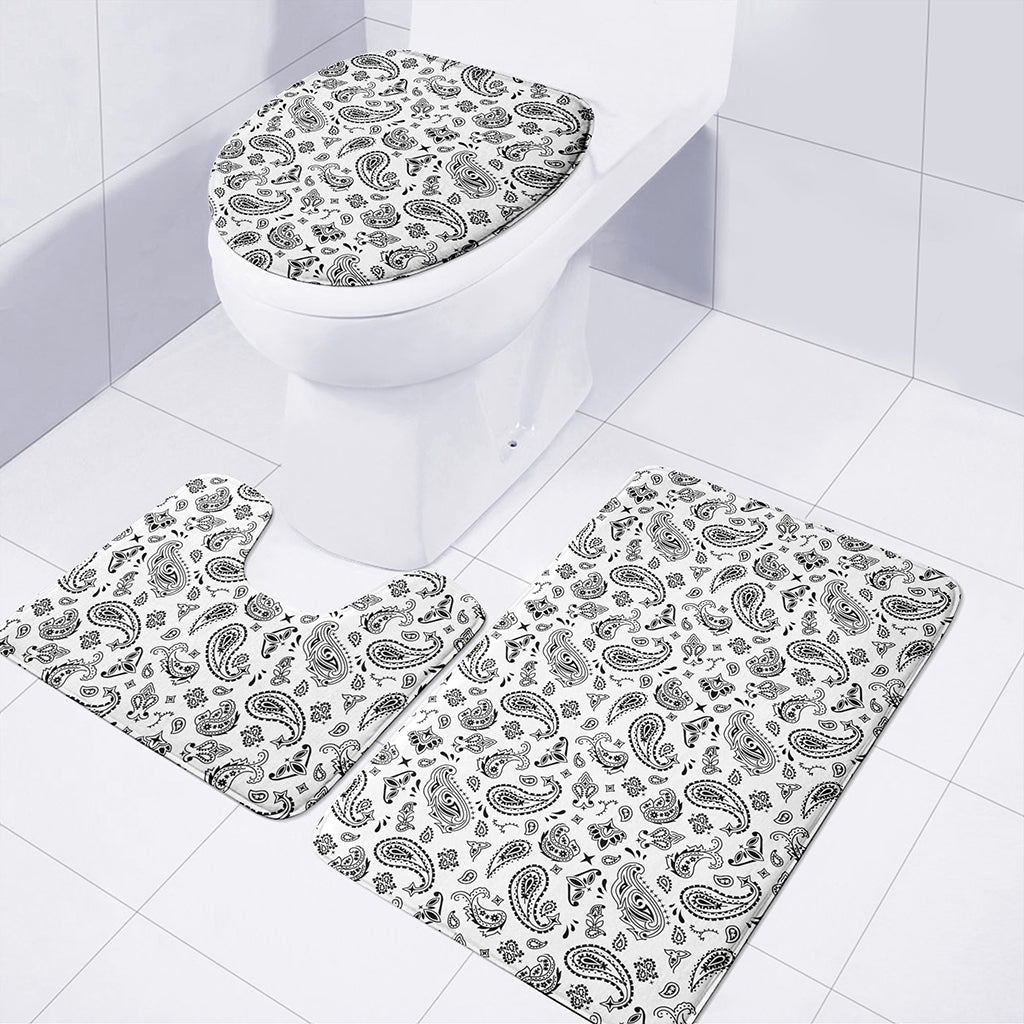 White Paisley Bandana Pattern Print 3 Piece Bath Mat Set