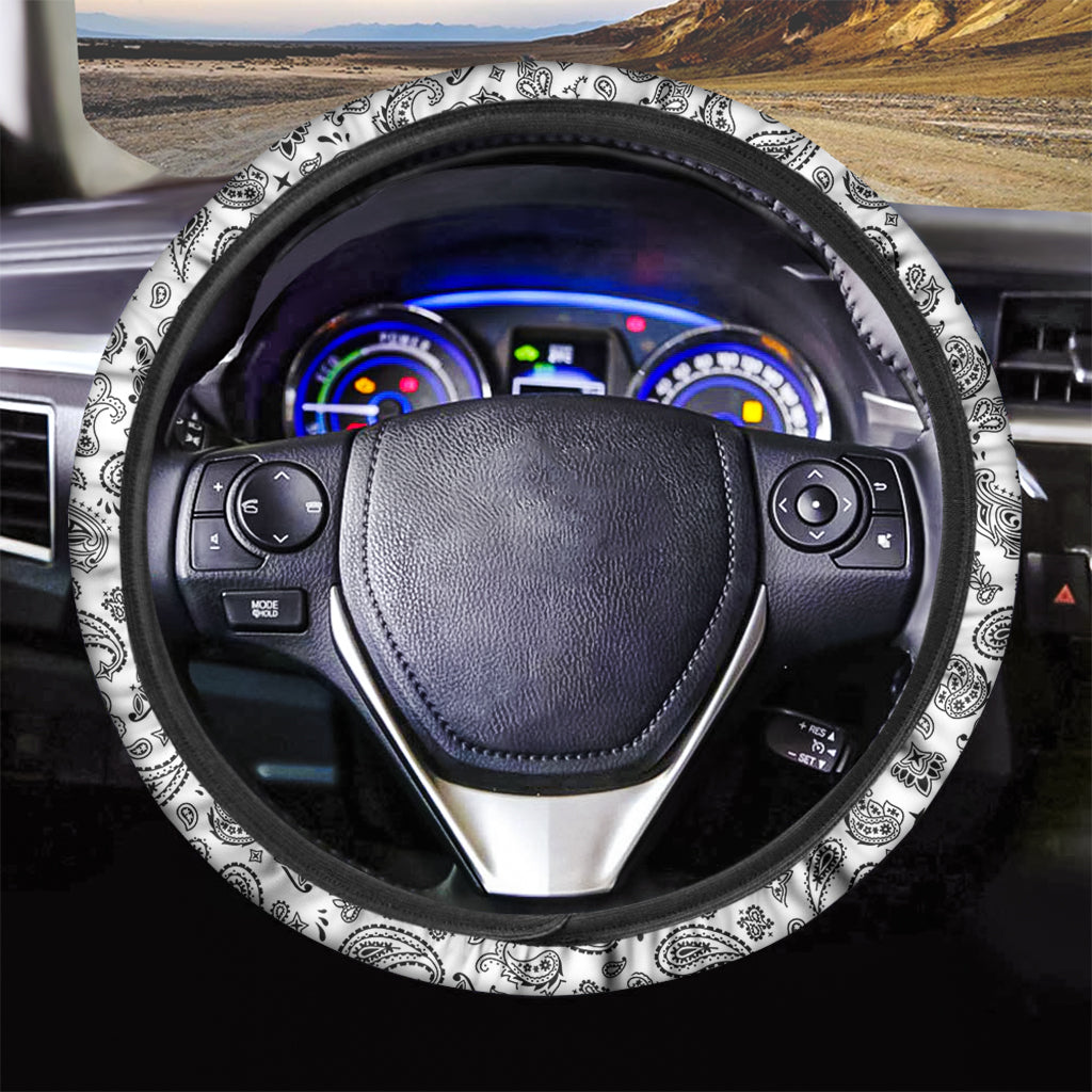 White Paisley Bandana Pattern Print Car Steering Wheel Cover