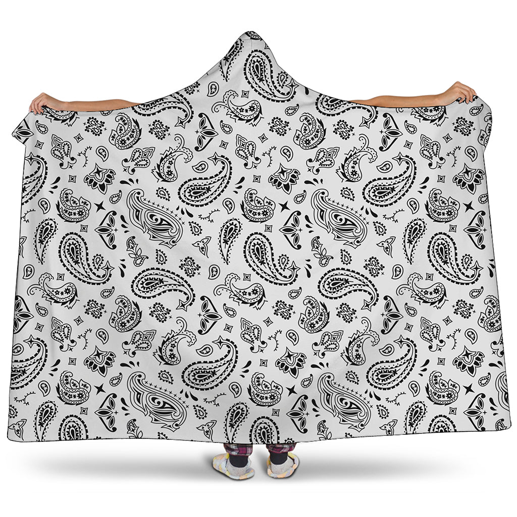 White Paisley Bandana Pattern Print Hooded Blanket
