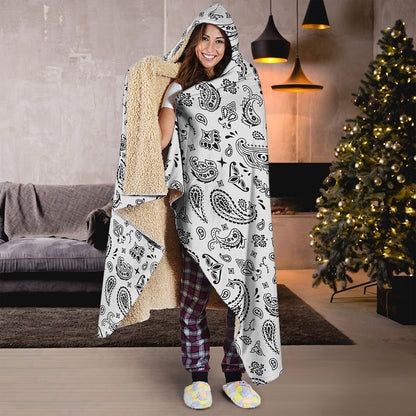 White Paisley Bandana Pattern Print Hooded Blanket