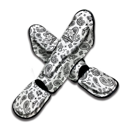 White Paisley Bandana Pattern Print Muay Thai Shin Guard