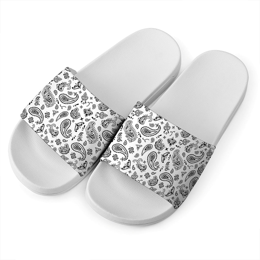 White Paisley Bandana Pattern Print White Slide Sandals
