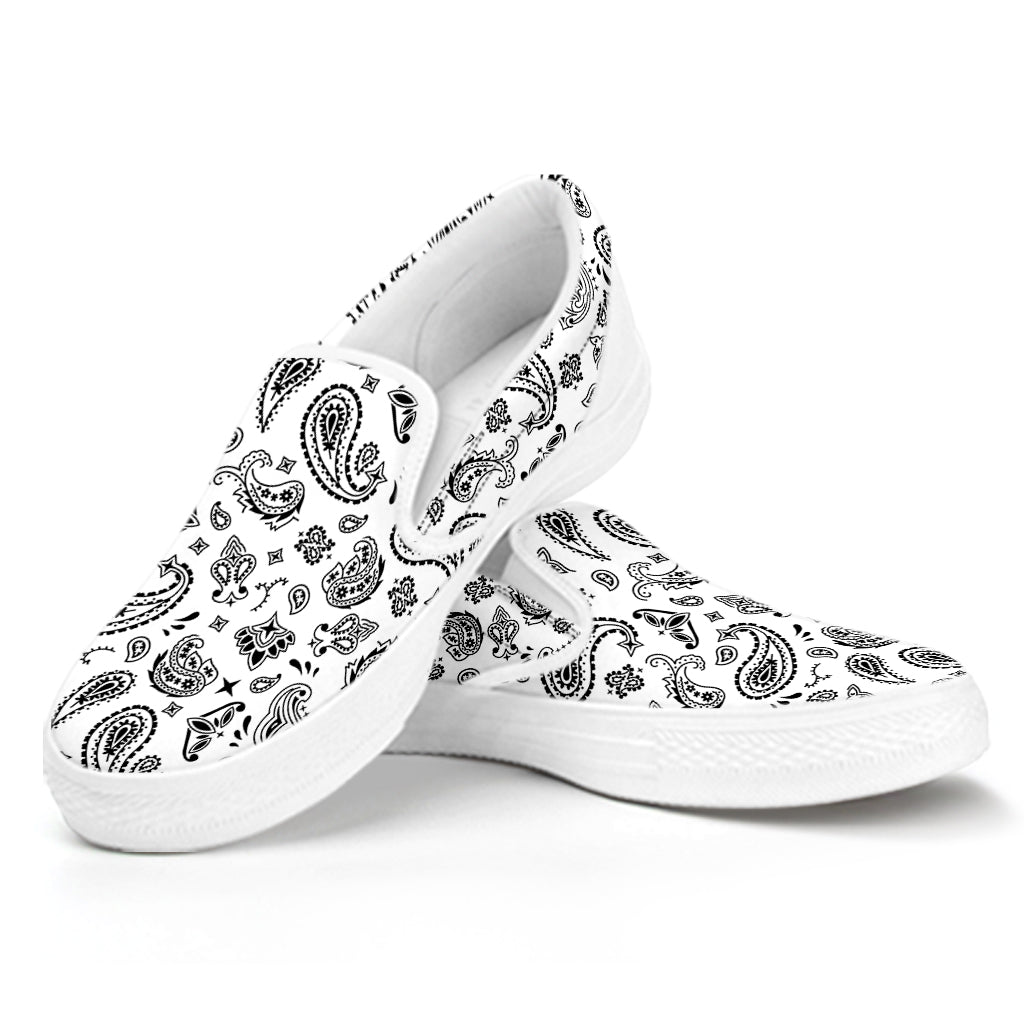 White Paisley Bandana Pattern Print White Slip On Shoes