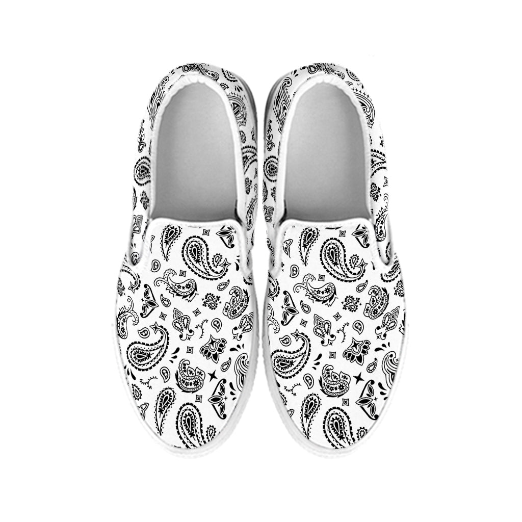 White Paisley Bandana Pattern Print White Slip On Shoes