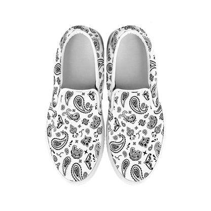 White Paisley Bandana Pattern Print White Slip On Shoes