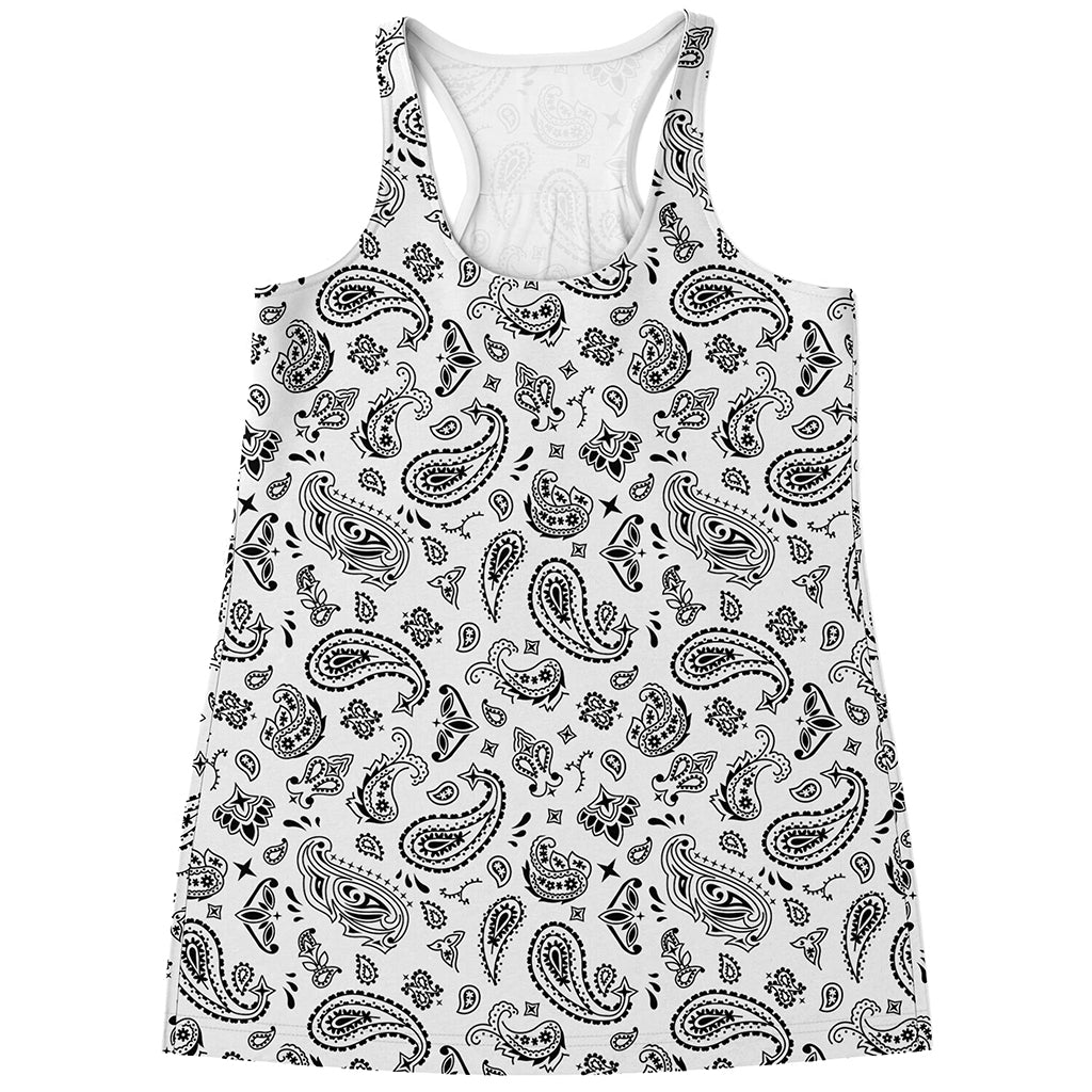 White Paisley Bandana Pattern Print Women's Racerback Tank Top