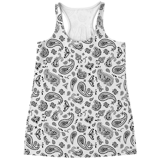 White Paisley Bandana Pattern Print Women's Racerback Tank Top