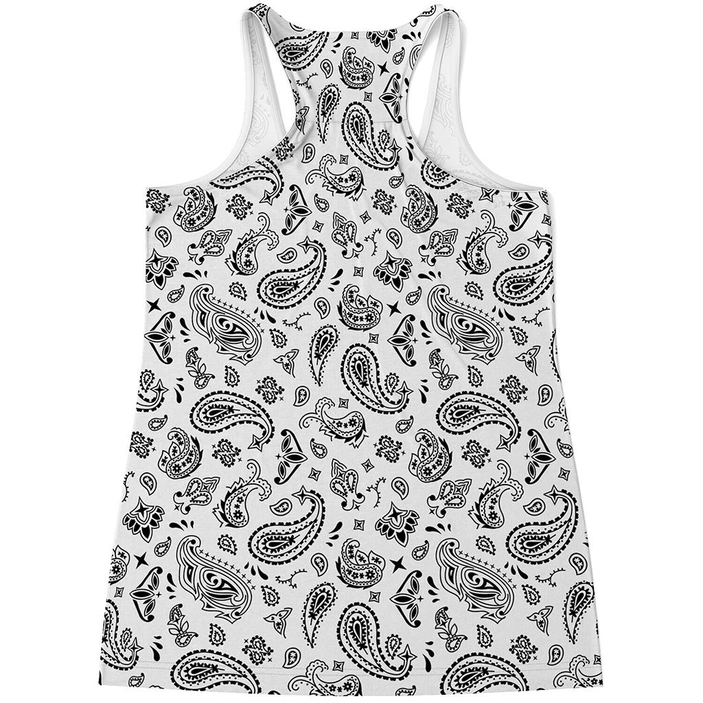 White Paisley Bandana Pattern Print Women's Racerback Tank Top