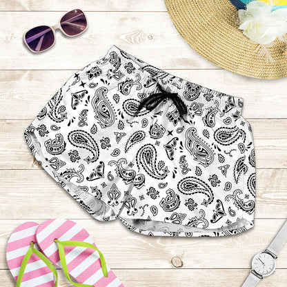 White Paisley Bandana Pattern Print Women's Shorts