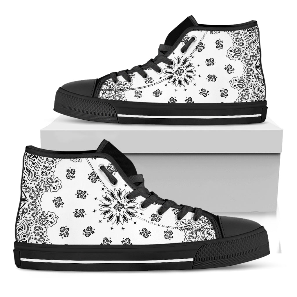 White Paisley Bandana Print Black High Top Shoes
