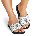 White Paisley Bandana Print Black Slide Sandals