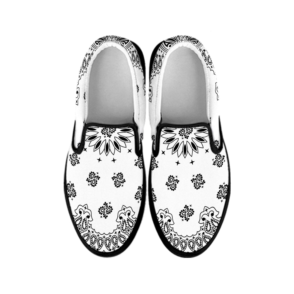 White Paisley Bandana Print Black Slip On Shoes