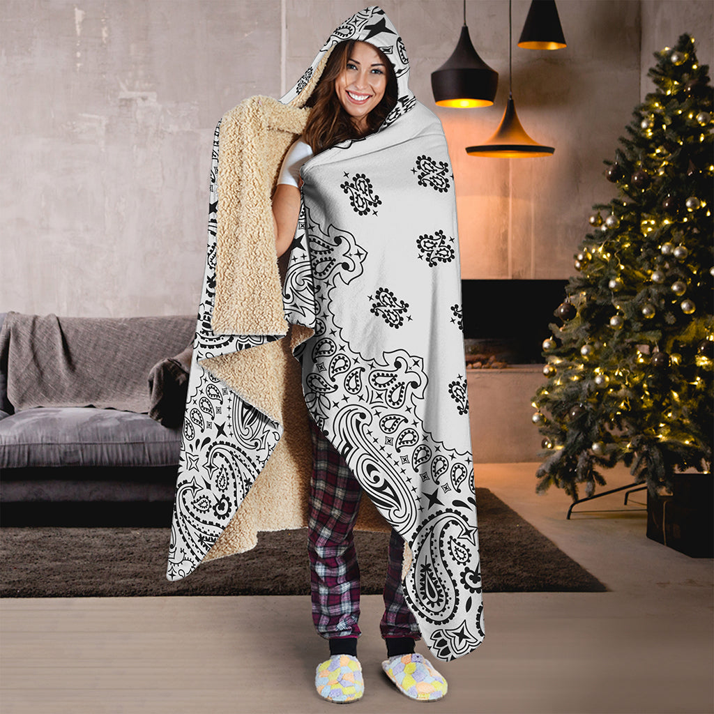 White Paisley Bandana Print Hooded Blanket