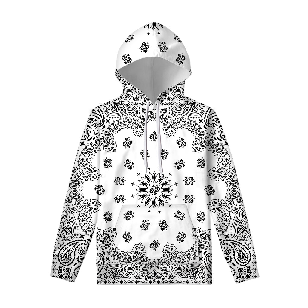 White Paisley Bandana Print Pullover Hoodie