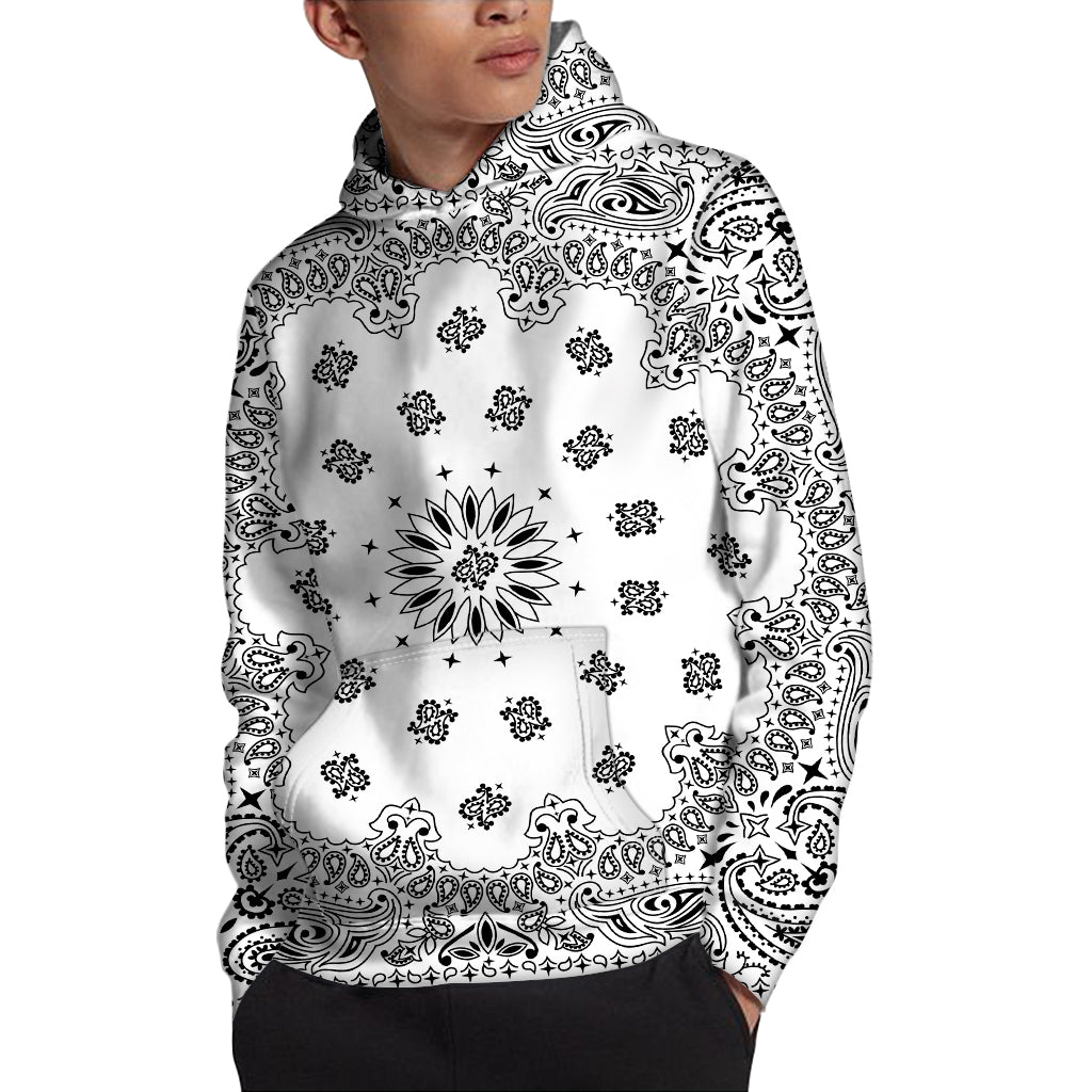 White Paisley Bandana Print Pullover Hoodie