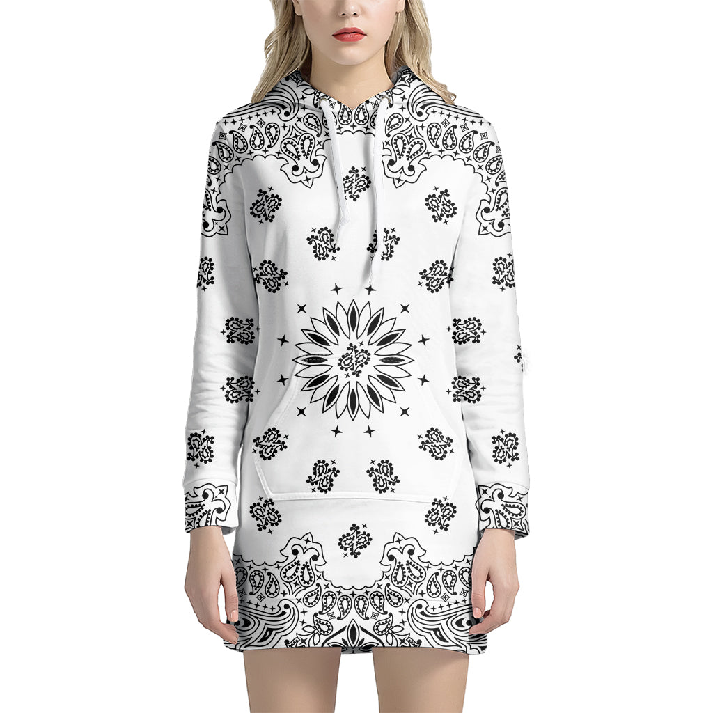 White Paisley Bandana Print Pullover Hoodie Dress