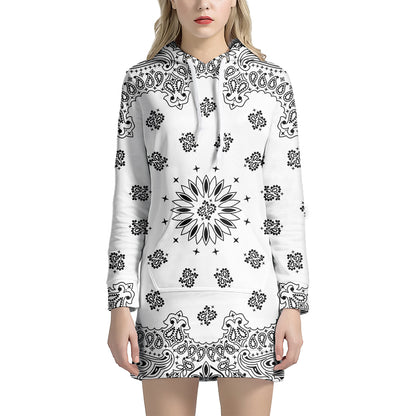 White Paisley Bandana Print Pullover Hoodie Dress