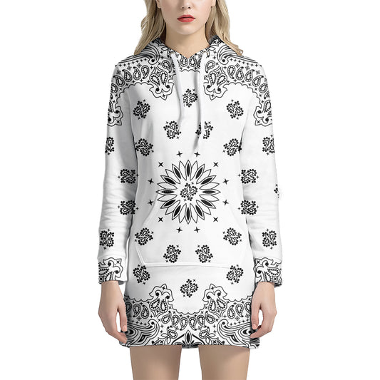 White Paisley Bandana Print Pullover Hoodie Dress