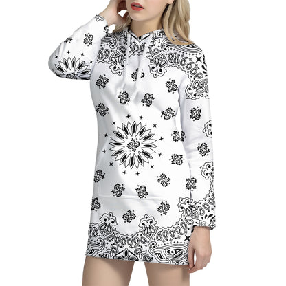 White Paisley Bandana Print Pullover Hoodie Dress
