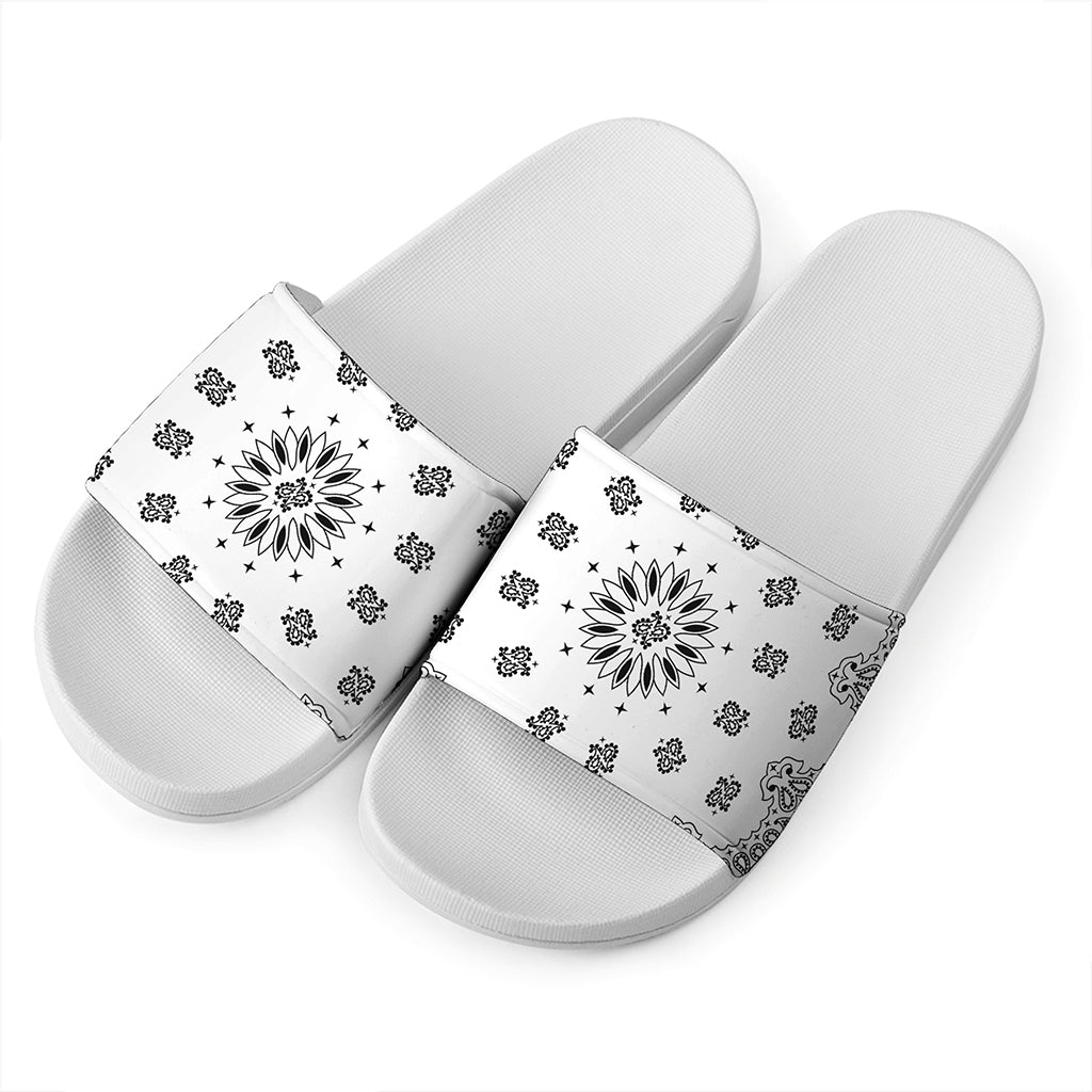 White Paisley Bandana Print White Slide Sandals