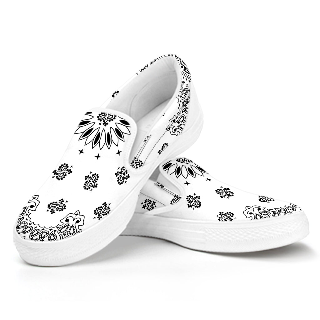 White Paisley Bandana Print White Slip On Shoes