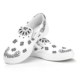 White Paisley Bandana Print White Slip On Shoes