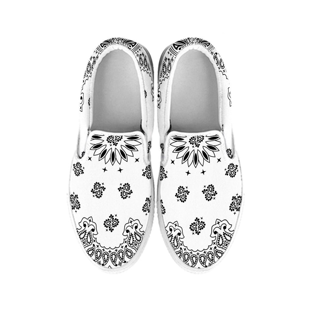 White Paisley Bandana Print White Slip On Shoes