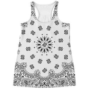 White Paisley Bandana Print Women's Racerback Tank Top