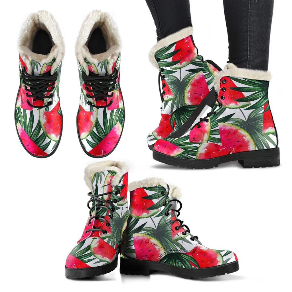 White Palm Leaf Watermelon Pattern Print Comfy Boots GearFrost