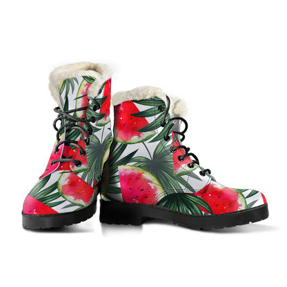 White Palm Leaf Watermelon Pattern Print Comfy Boots GearFrost