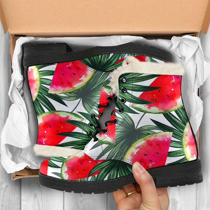 White Palm Leaf Watermelon Pattern Print Comfy Boots GearFrost