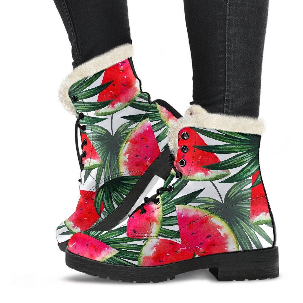 White Palm Leaf Watermelon Pattern Print Comfy Boots GearFrost