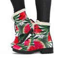 White Palm Leaf Watermelon Pattern Print Faux Fur Leather Boots