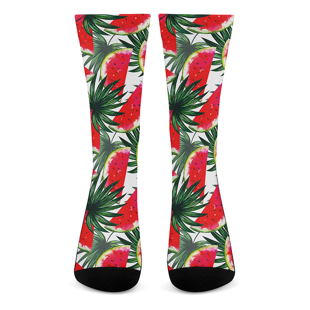 White Palm Leaf Watermelon Pattern Print Crew Socks