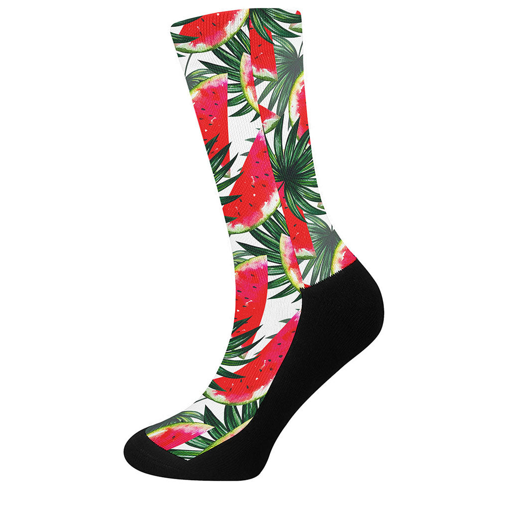 White Palm Leaf Watermelon Pattern Print Crew Socks