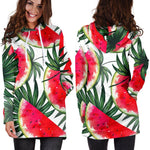 White Palm Leaf Watermelon Pattern Print Hoodie Dress GearFrost