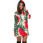 White Palm Leaf Watermelon Pattern Print Hoodie Dress GearFrost