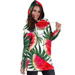 White Palm Leaf Watermelon Pattern Print Hoodie Dress GearFrost
