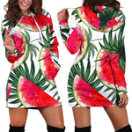 White Palm Leaf Watermelon Pattern Print Hoodie Dress GearFrost