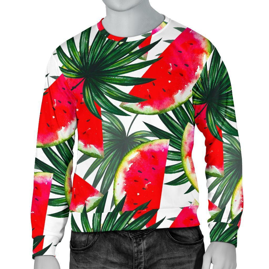White Palm Leaf Watermelon Pattern Print Men's Crewneck Sweatshirt GearFrost